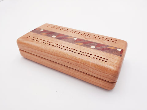 Top View of a Cherry Cribbage Board Inlay and Cards