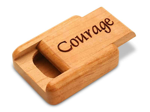 Top View of a 2" Flat Narrow Cherry with laser engraved image of Courage