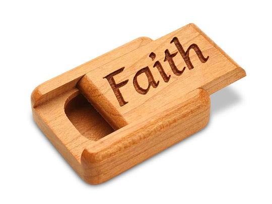 Top View of a 2" Flat Narrow Cherry with laser engraved image of Faith