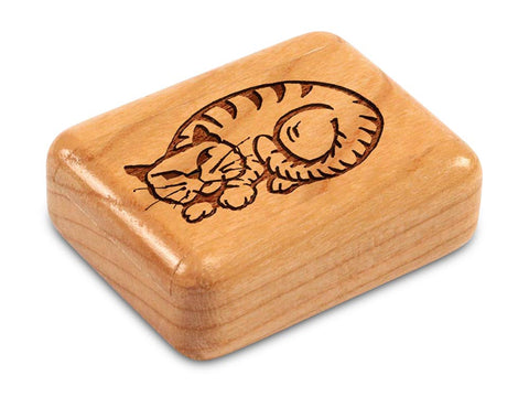 Top View of a 2" Flat Narrow Cherry with laser engraved image of Folk Cat