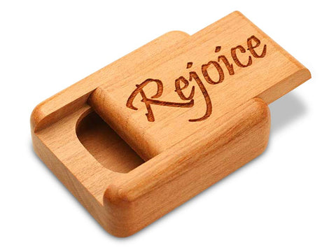 Top View of a 2" Flat Narrow Cherry with laser engraved image of Rejoice
