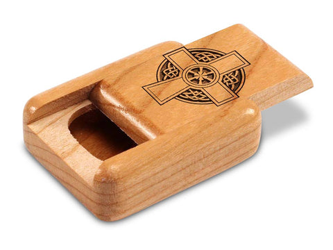 Top View of a 2" Flat Narrow Cherry with laser engraved image of Celtic Cross Circle