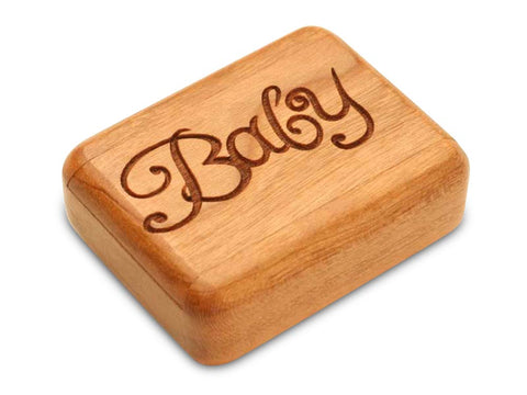 Top View of a 2" Flat Narrow Cherry with laser engraved image of Baby