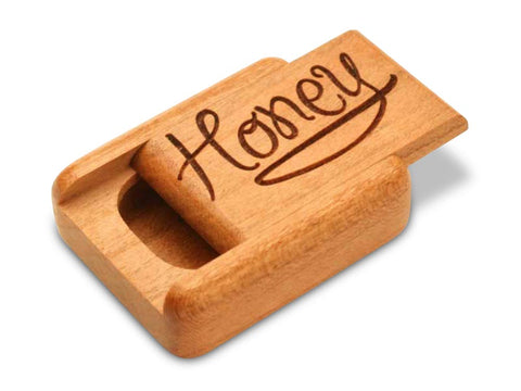 Top View of a 2" Flat Narrow Cherry with laser engraved image of Honey