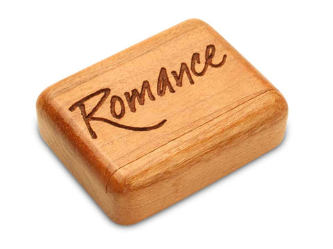 Top View of a 2" Flat Narrow Cherry with laser engraved image of Romance