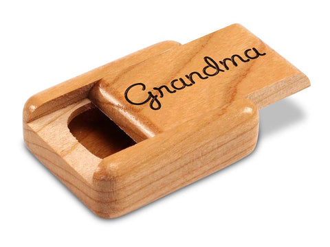 Top View of a 2" Flat Narrow Cherry with laser engraved image of Grandma