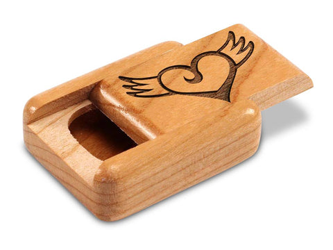 Top View of a 2" Flat Narrow Cherry with laser engraved image of Winged Heart