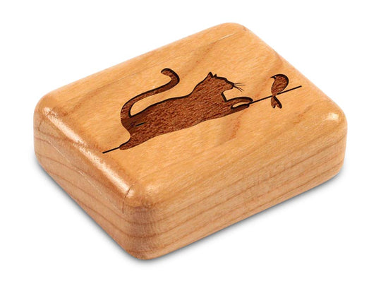 Top View of a 2" Flat Narrow Cherry with laser engraved image of Cat& Bird