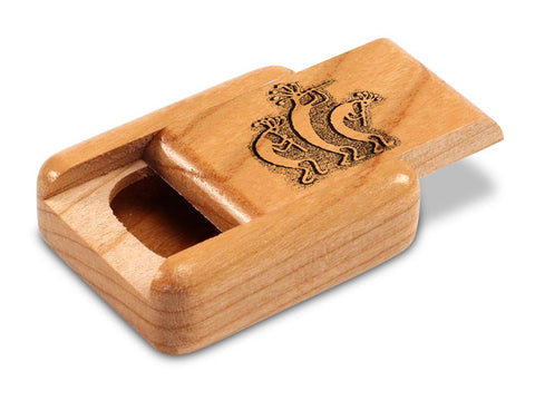 Top View of a 2" Flat Narrow Cherry with laser engraved image of Kokopelli Trio