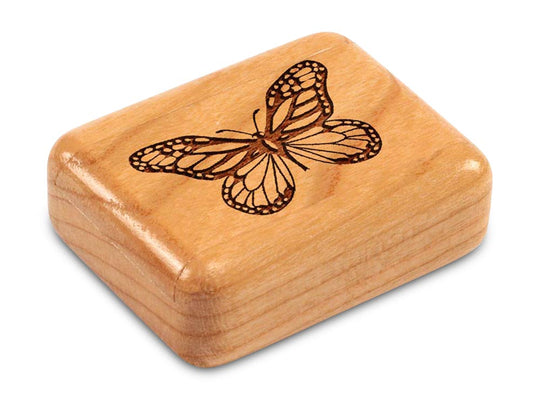 Top View of a 2" Flat Narrow Cherry with laser engraved image of Butterfly