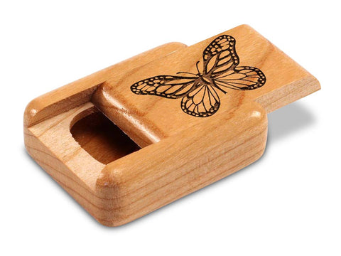 Top View of a 2" Flat Narrow Cherry with laser engraved image of Butterfly