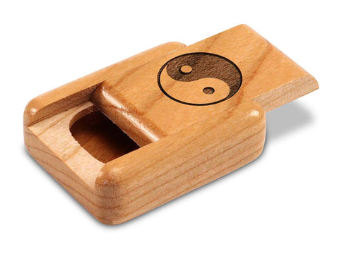 Top View of a 2" Flat Narrow Cherry with laser engraved image of Yin Yang