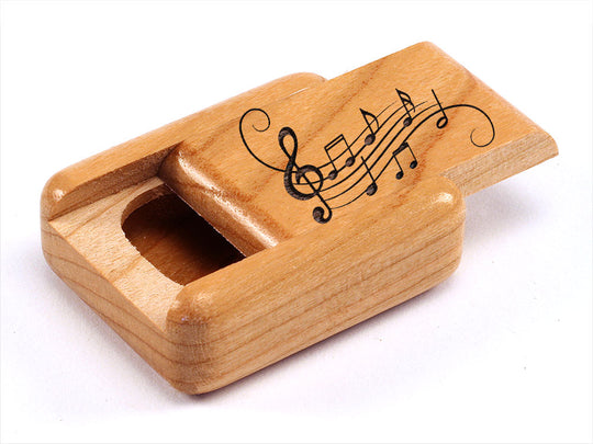 Opened View of a 2" Flat Narrow Cherry with laser engraved image of Music Notes