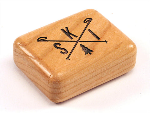 Top View of a 2" Flat Narrow Cherry with laser engraved image of Ski Poles Navigation