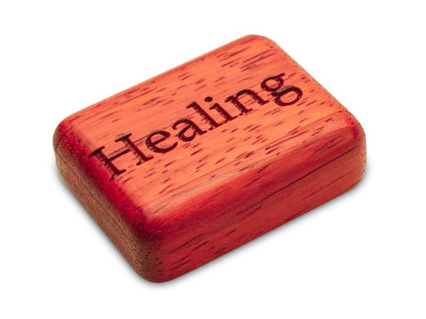Top View of a 2" Flat Narrow Padauk with laser engraved image of Healing