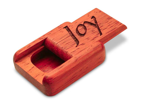 Top View of a 2" Flat Narrow Padauk with laser engraved image of Joy