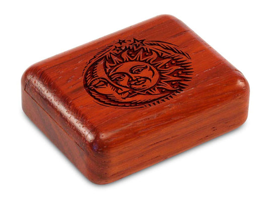 Top View of a 2" Flat Narrow Padauk with laser engraved image of Sun/Moon