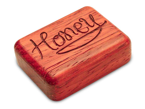 Top View of a 2" Flat Narrow Padauk with laser engraved image of Honey