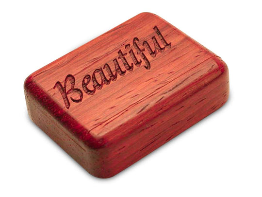 Opened View of a 2" Flat Narrow Padauk with laser engraved image of Beautiful