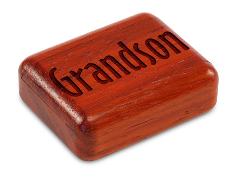 Top View of a 2" Flat Narrow Padauk with laser engraved image of Grandson