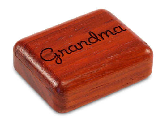 Top View of a 2" Flat Narrow Padauk with laser engraved image of Grandma