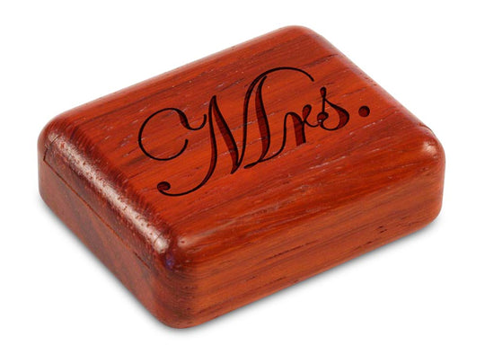 Top View of a 2" Flat Narrow Padauk with laser engraved image of Mrs.