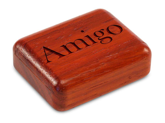 Top View of a 2" Flat Narrow Padauk with laser engraved image of Amigo