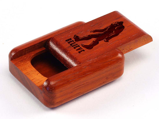 Top View of a 2" Flat Narrow Padauk with laser engraved image of Bigfoot/Believe