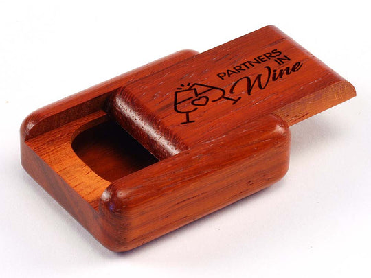 Top View of a 2" Flat Narrow Padauk with laser engraved image of Partners in Wine