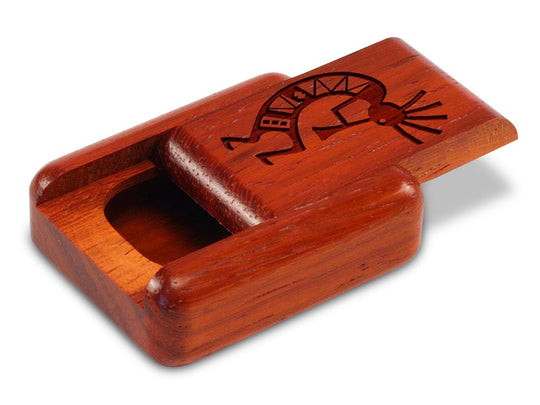 Opened View of a 2" Flat Narrow Padauk with laser engraved image of Kokopelli