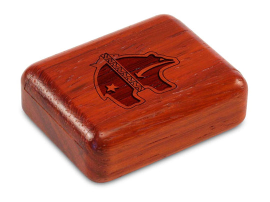 Top View of a 2" Flat Narrow Padauk with laser engraved image of Heartline Bear, Fancy