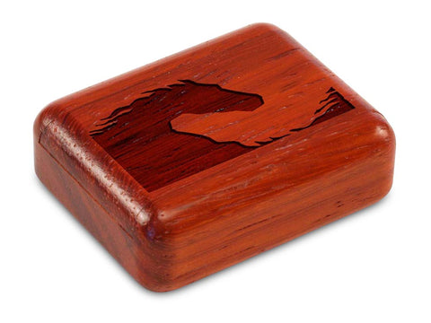 Top View of a 2" Flat Narrow Padauk with laser engraved image of Yin Yang Horse