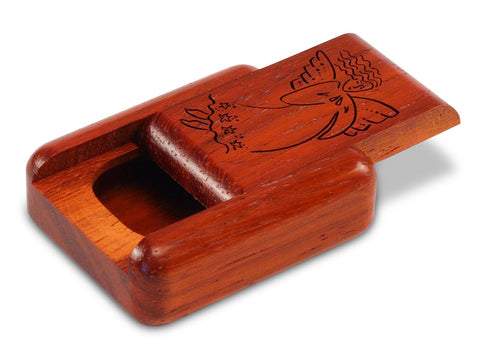 Top View of a 2" Flat Narrow Padauk with laser engraved image of Angel Cares