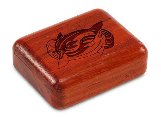 Top View of a 2" Flat Narrow Padauk with laser engraved image of Yin Yang Dolphins