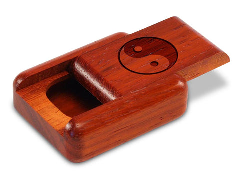 Top View of a 2" Flat Narrow Padauk with laser engraved image of Yin Yang