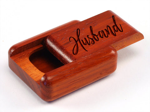 Top View of a 2" Flat Narrow Padauk with laser engraved image of Husband