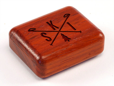 Top View of a 2" Flat Narrow Padauk with laser engraved image of Ski Poles Navigation