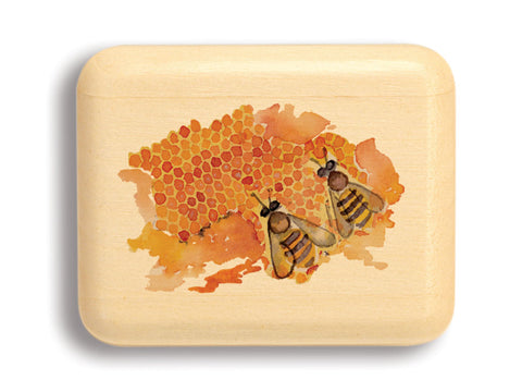 Top View of a 2" Flat Narrow Aspen with color printed image of Bees and Comb
