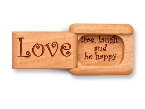 Top View of a 2" Flat Narrow Cherry with laser engraved image of Love, Live, Laugh and Be Happy