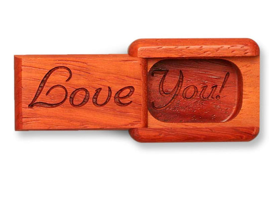 Top View of a 2" Flat Narrow Padauk with laser engraved image of Love You!