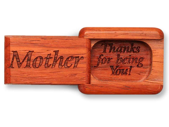 Top View of a 2" Flat Narrow Padauk with laser engraved image of Mother, Thanks!