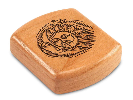 Top View of a 2" Flat Wide Cherry with laser engraved image of Sun/Moon