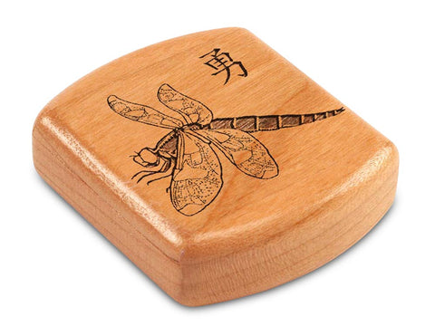 Top View of a 2" Flat Wide Cherry with laser engraved image of Dragonfly