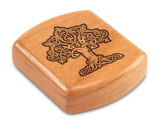 Top View of a 2" Flat Wide Cherry with laser engraved image of Tree of Life