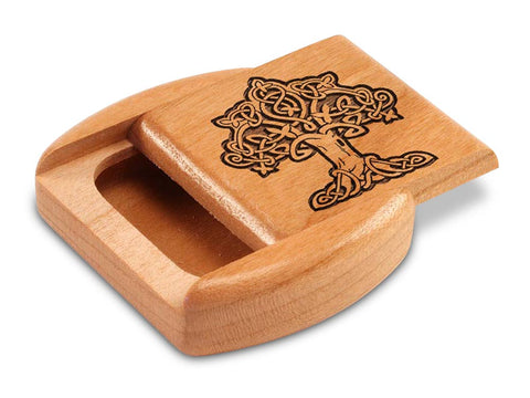 Top View of a 2" Flat Wide Cherry with laser engraved image of Tree of Life