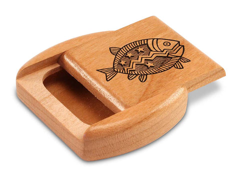 Top View of a 2" Flat Wide Cherry with laser engraved image of Primitive Fish