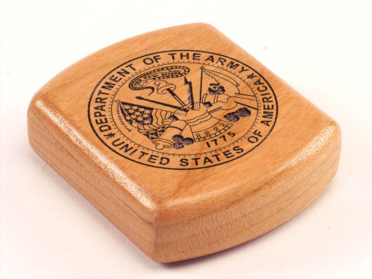 Opened View of a 2" Flat Wide Cherry with laser engraved image of Army Seal