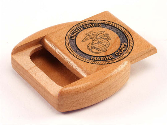 Top View of a 2" Flat Wide Cherry with laser engraved image of Marine Corps Seal