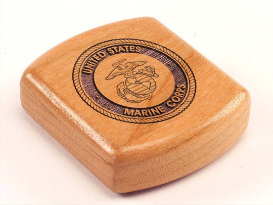 Opened View of a 2" Flat Wide Cherry with laser engraved image of Marine Corps Seal
