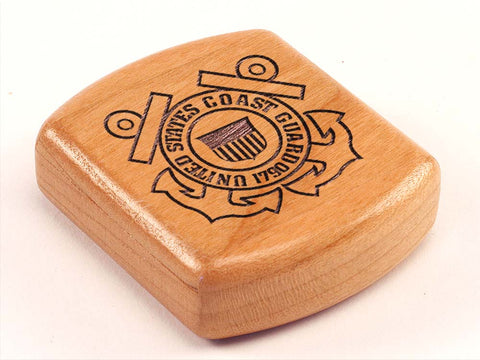 Top View of a 2" Flat Wide Cherry with laser engraved image of Coast Guard Seal